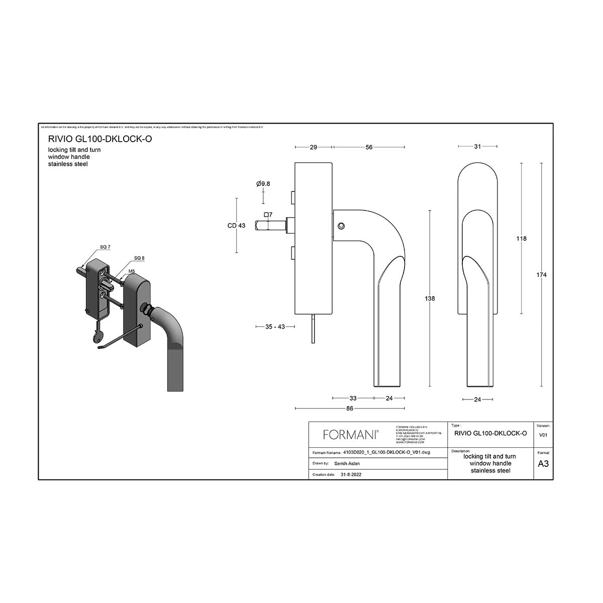 Formani GL100-DKLOCK-O draaikiepgarnituur PVD mat zwart – productafbeelding