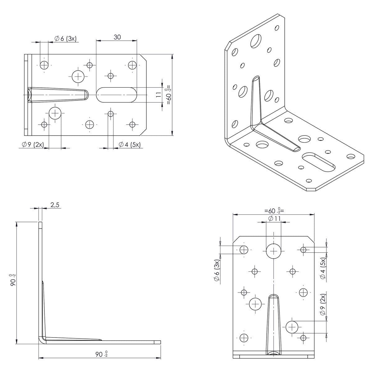 Starx hoekanker geribd 45.008.30 zwart technische maattekening