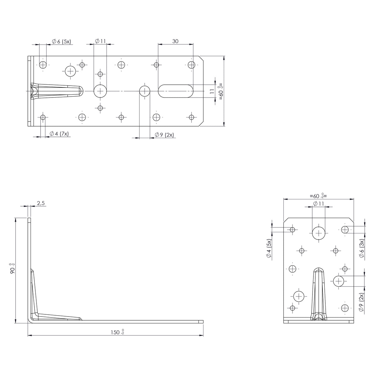 Starx hoekanker geribd 45.008.32 zwart technische maattekening