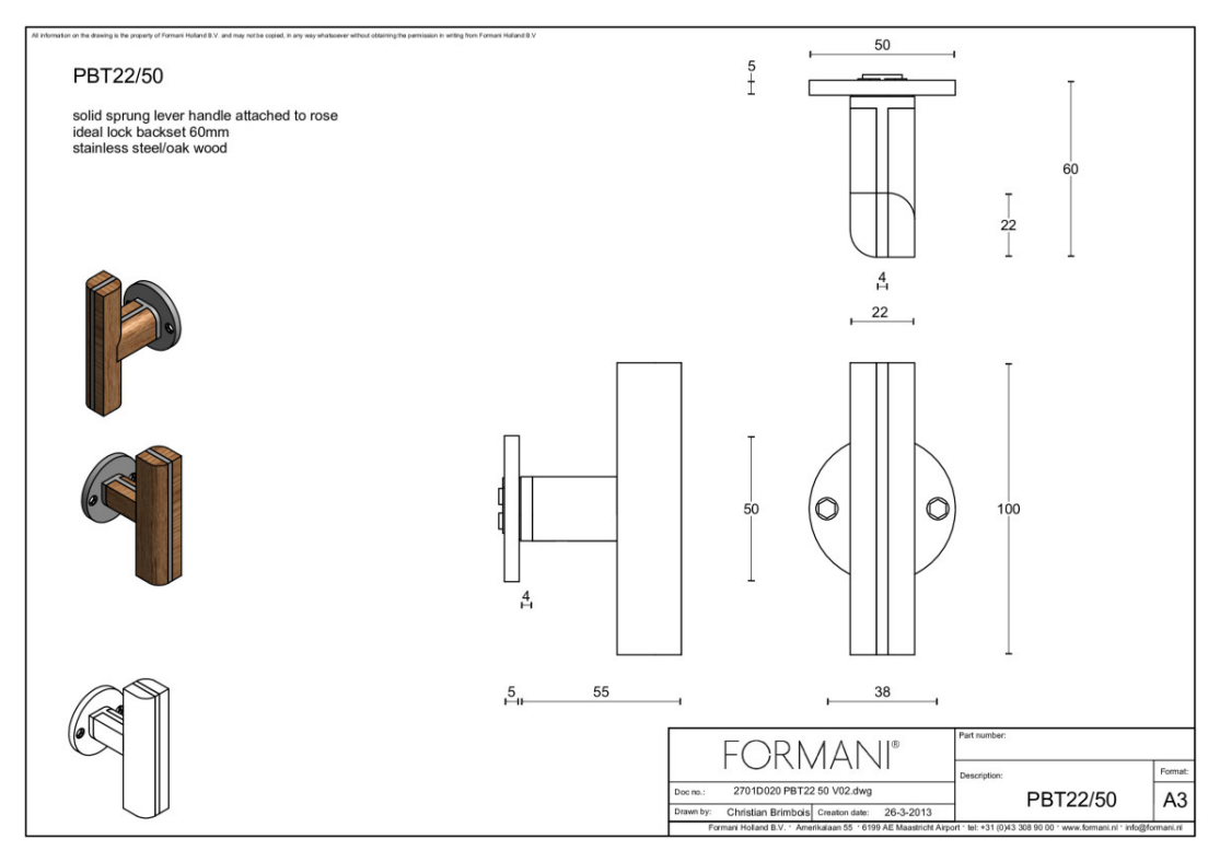 Formani PBT22/50 deurkruk Piet Boon mat roestvast staal met eikenhout zwart detail