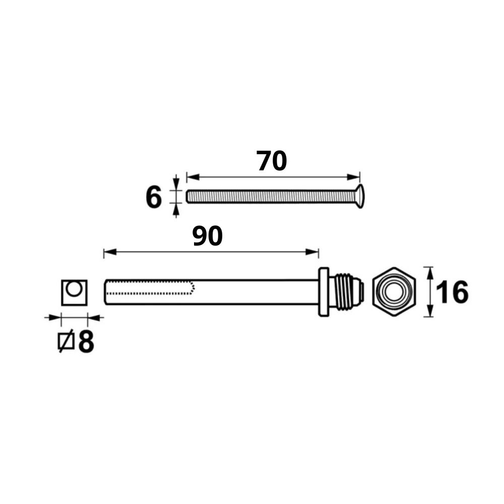 AXA wisselstift-verlengset 90 mm met M6x70 boutenset, detail