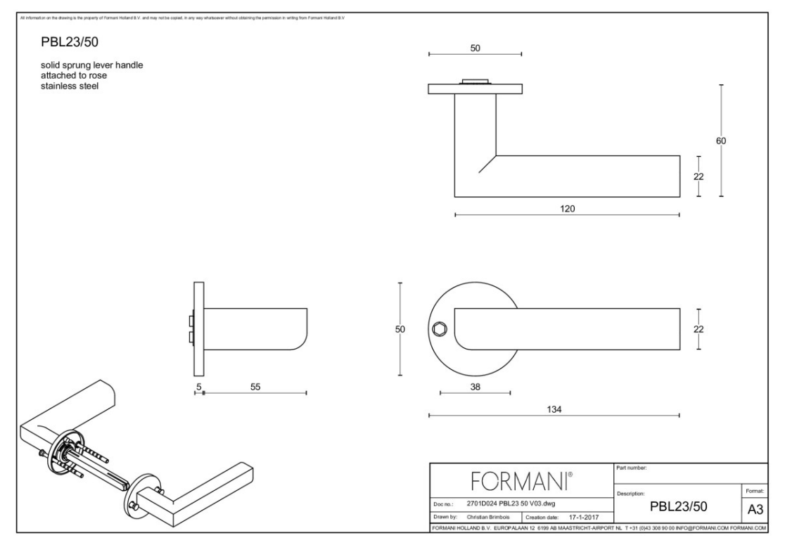 Formani PBL23/50 deurkruk Piet Boon mat roestvast staal detail