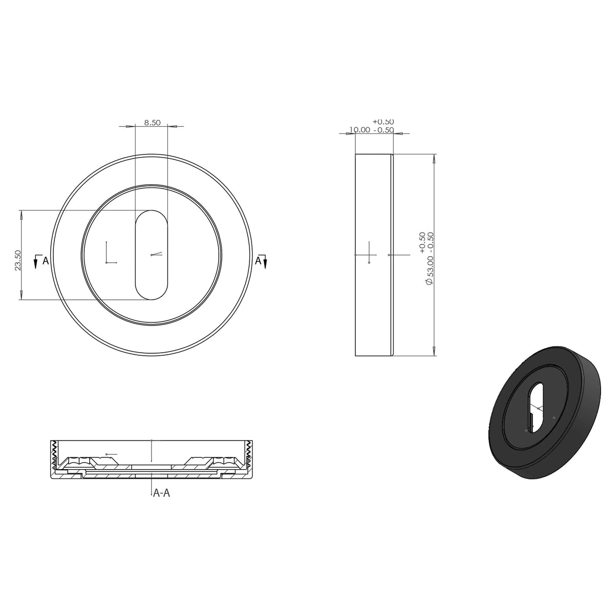 Differnz rozet rond met sleutelgat – technische tekening met afmetingen
