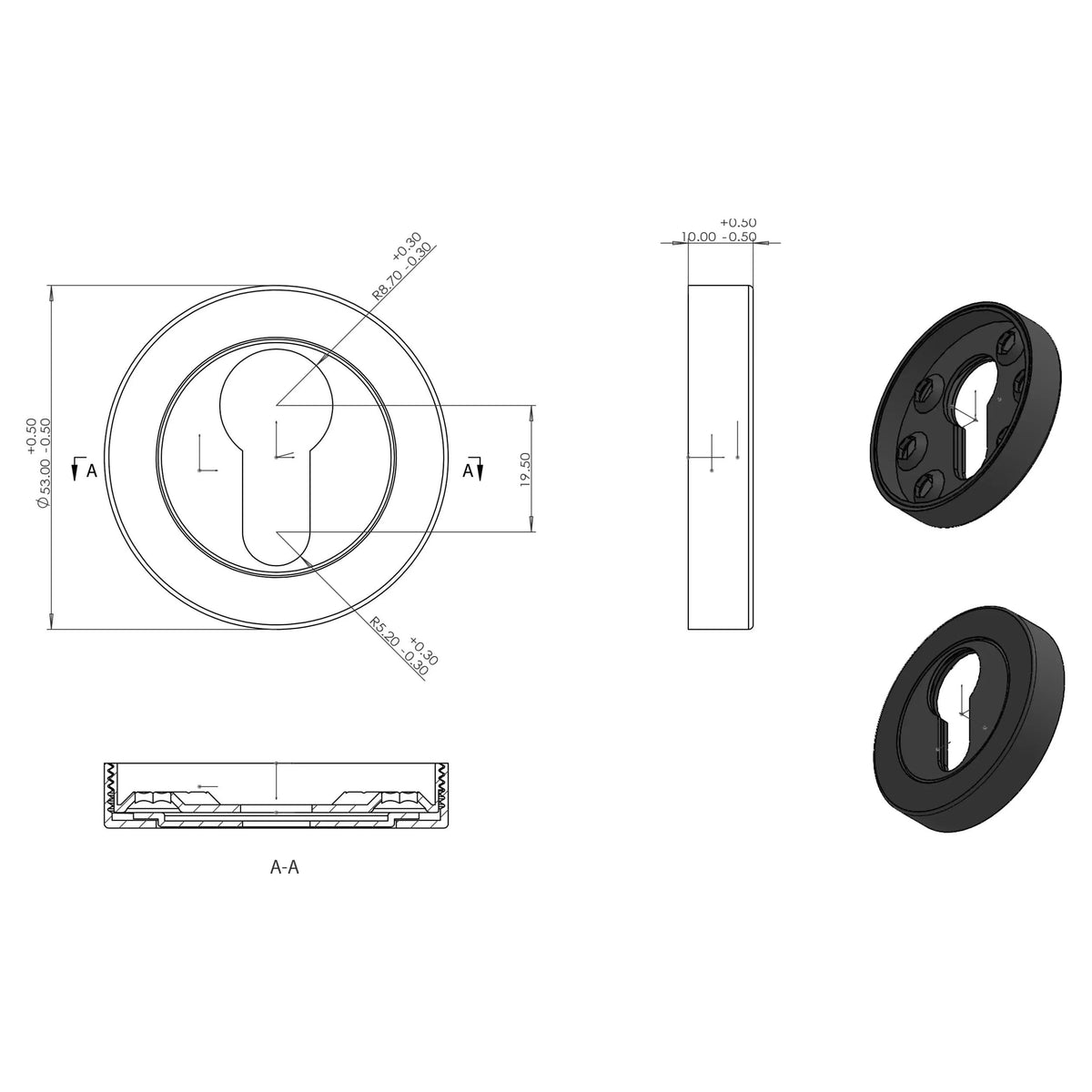 Differnz rozet rond met cilindergat – technische tekening met afmetingen