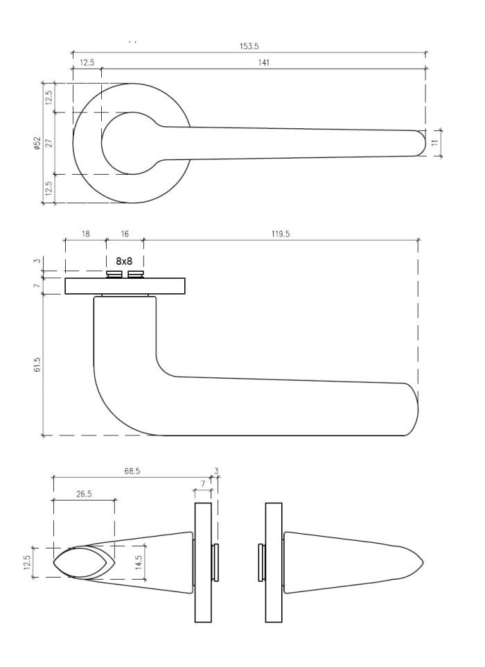 Aprile Azalia massieve deurkruk technische maattekening met rozet Ø 53 mm en doornmaat 8x8 mm