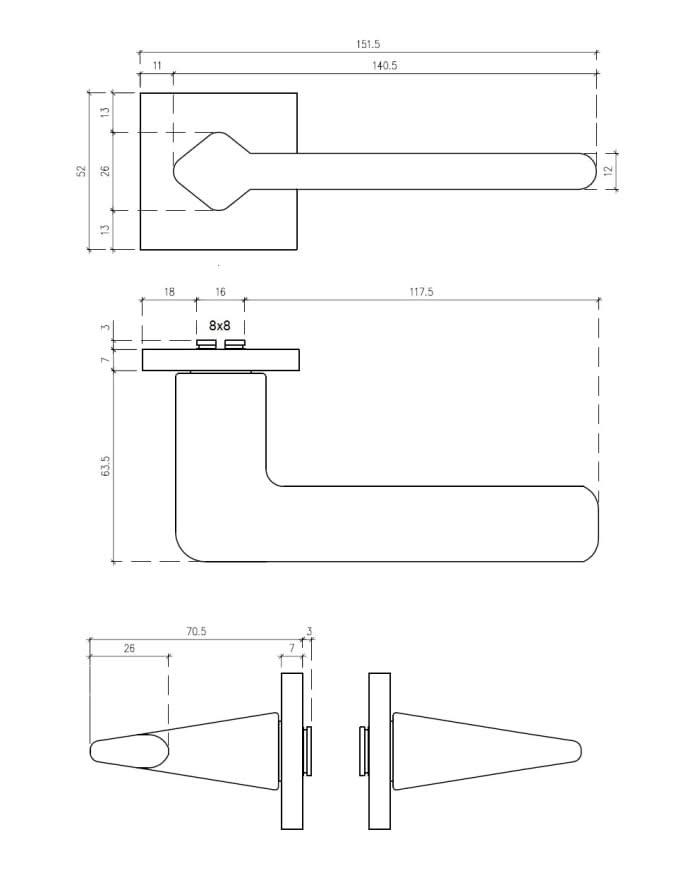 Aprile deurkruk Lila - technische maattekening met rozet 52 x 52 mm