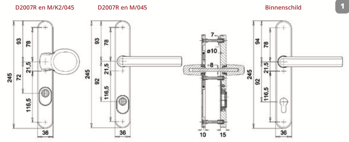 Dieckmann Kronos achterdeurbeslag D2007M/045 messing gepolijst - technische maattekening