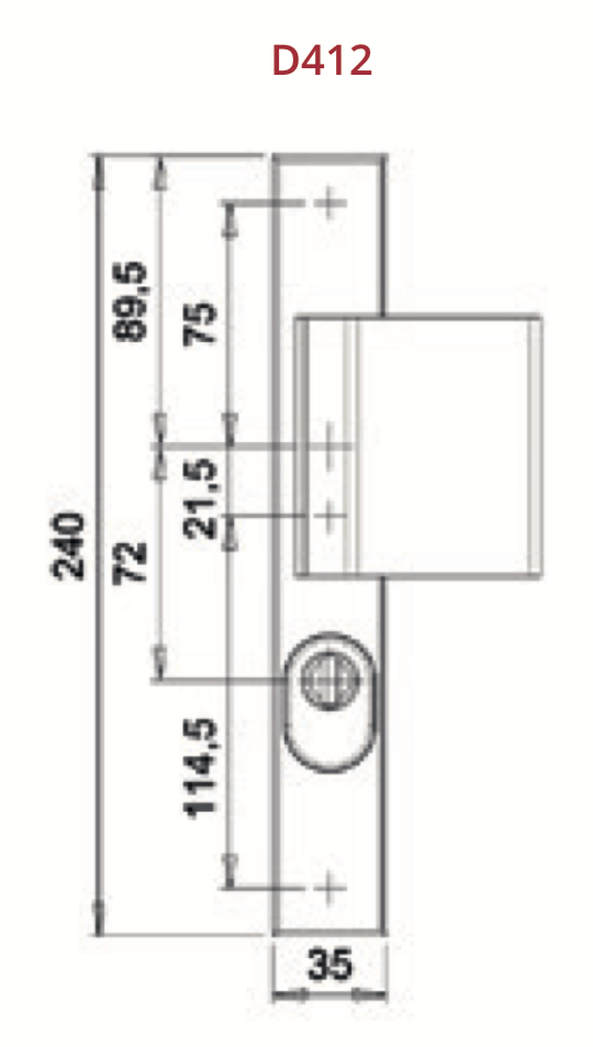 Dieckmann Holland D412 smaldeur voordeurbeslag aluminium F1, maattekening met afmetingen 240 x 35 mm