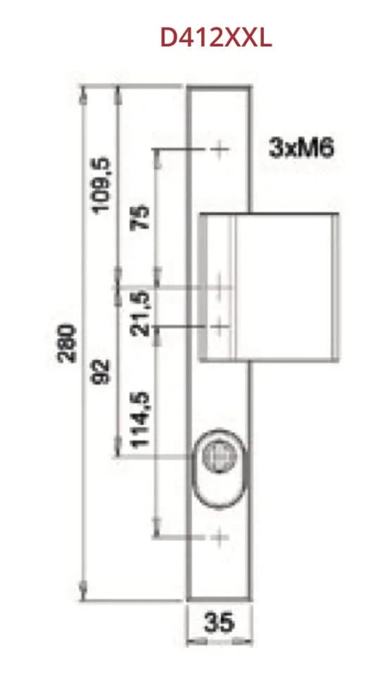 Dieckmann Holland D412XXL renovatie voordeurbeslag aluminium F1, maattekening met afmetingen 280 x 35 mm