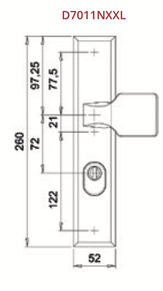 Dieckmann Alpha D7011N XXL voordeurbeslag maattekening met afmetingen