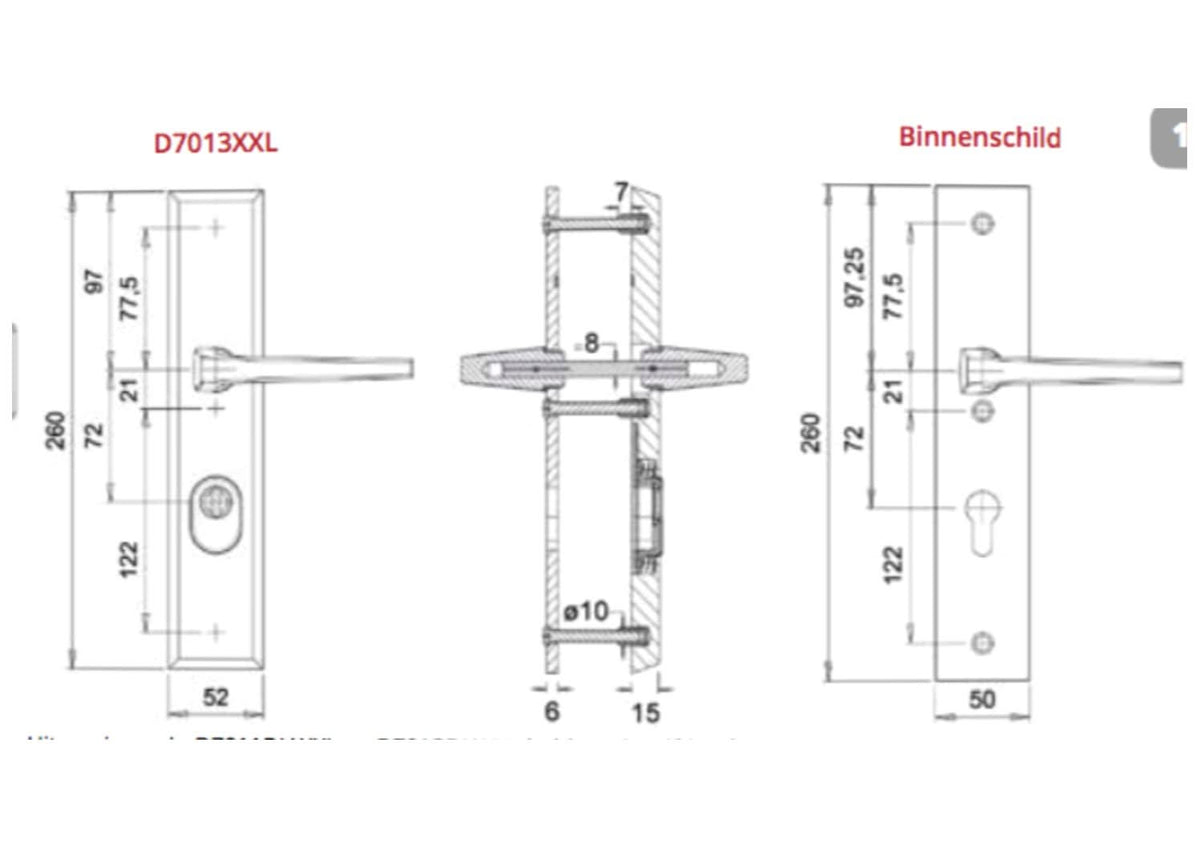Dieckmann Alpha XXL renovatie achterdeurbeslag D7013 geborsteld RVS - maatschets