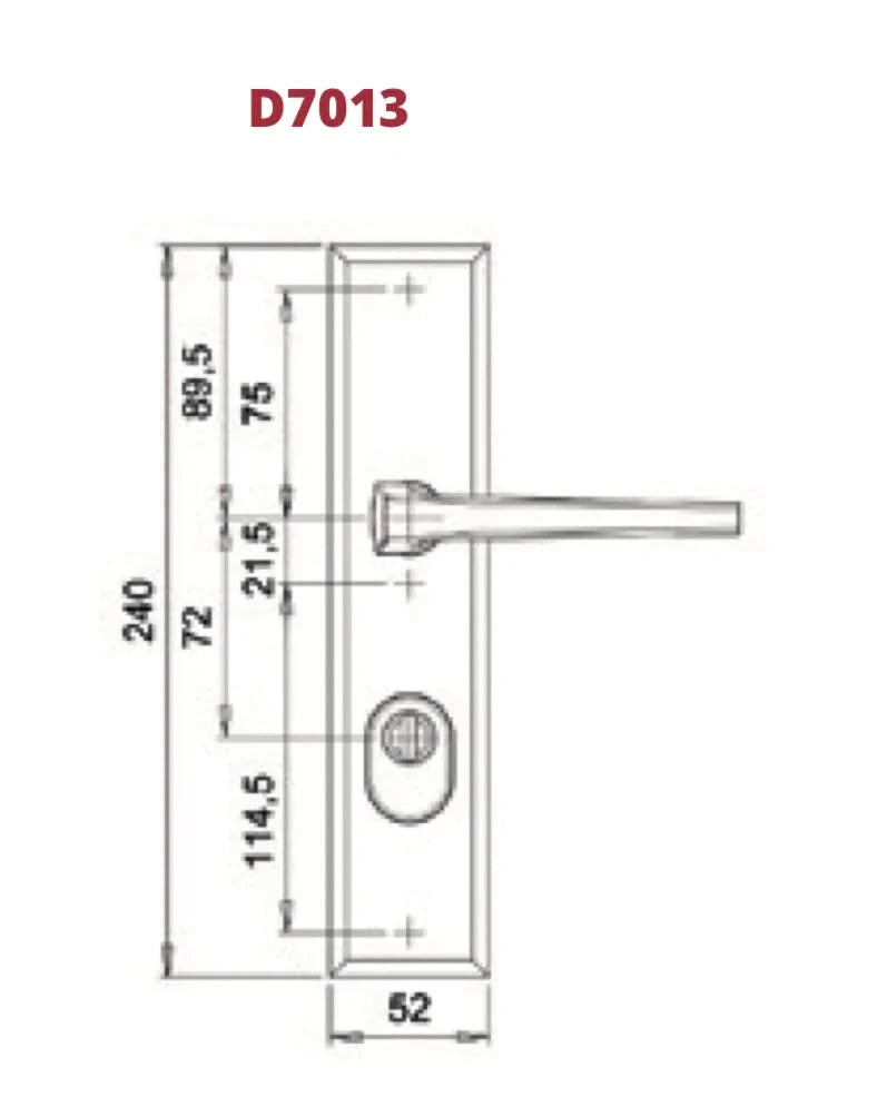 Dieckmann Alpha achterdeurbeslag D7013 mat zwart lijntekening met maatvoering D7013