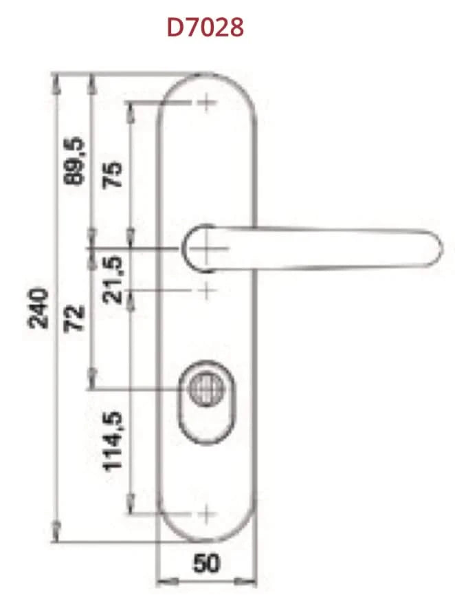 Dieckmann Rombus achterdeurbeslag D7028 kleur F1 - technische maattekening