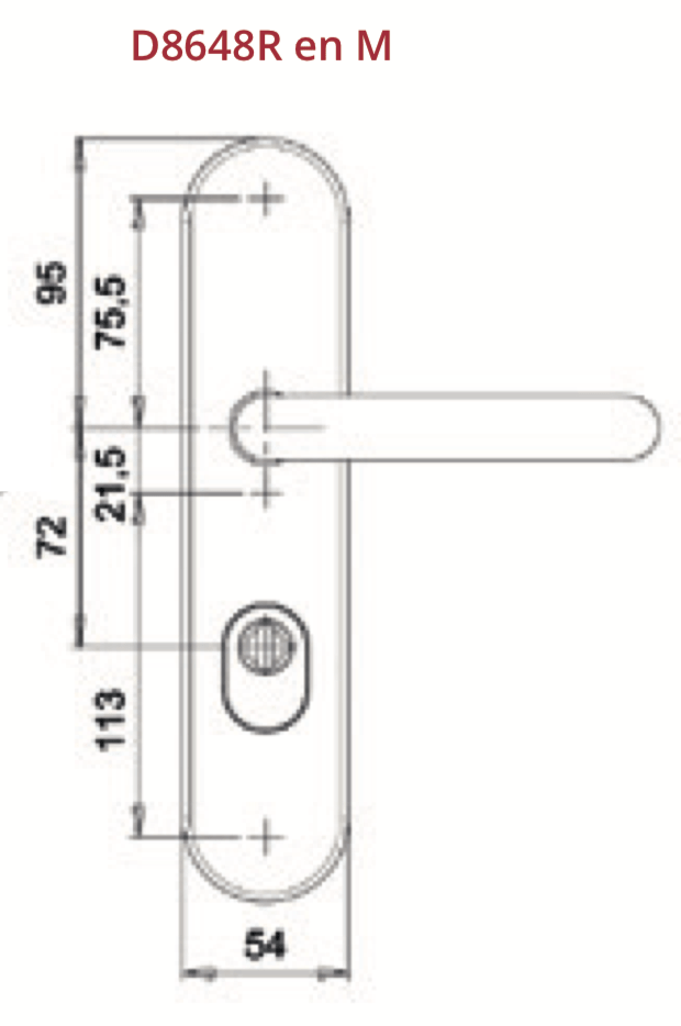 Dieckmann Europa achterdeurbeslag D8648M messing gepolijst - technische maattekening