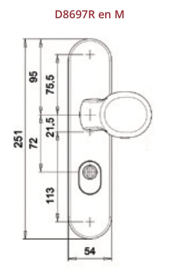 Dieckmann Europa D8697M voordeurbeslag messing gepolijst, maattekening met afmetingen 251 x 54 mm