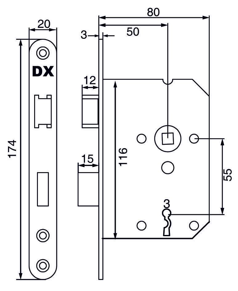 Dulimex dag- en nachtslot zwart technische lijntekening