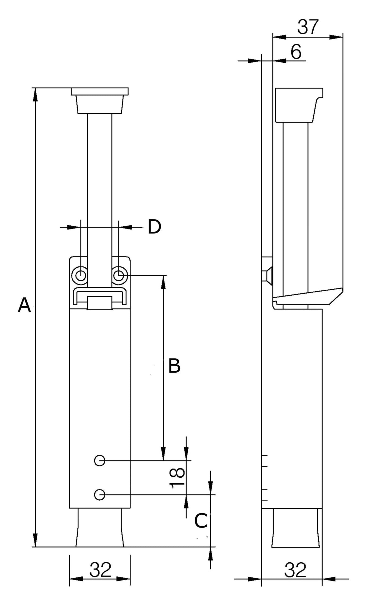 Dulimex DX deurvastzetter met voetstift - werktekening met afmetingen