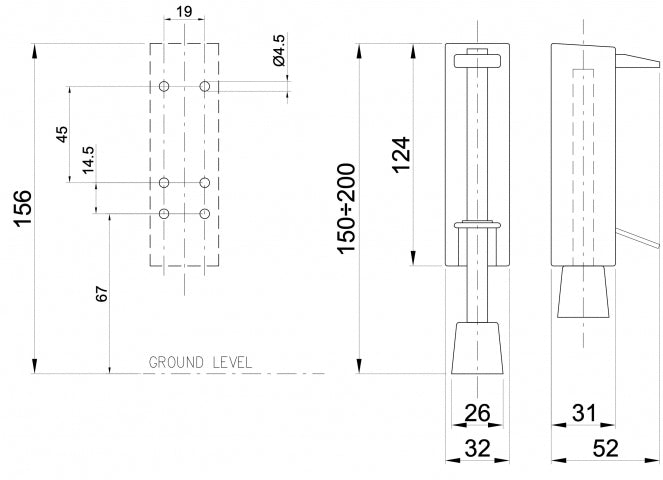 Dulimex DX deurvastzetter voetstift 30x122 mm zilvergrijs – technische tekening met maatvoering