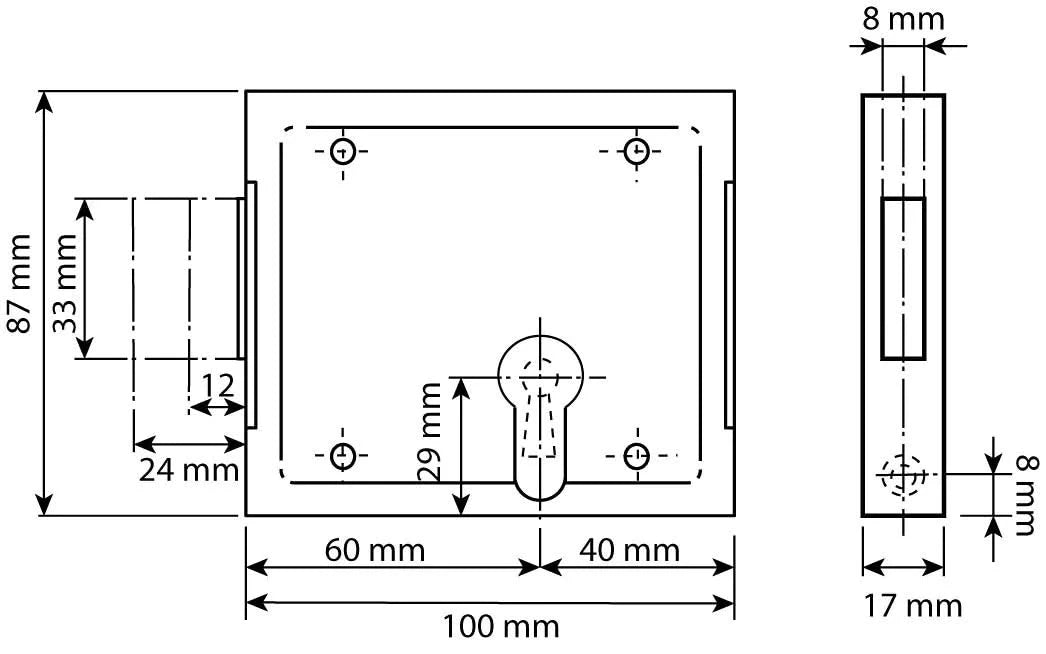 DX opbouw poortslot afmetingen technische tekening