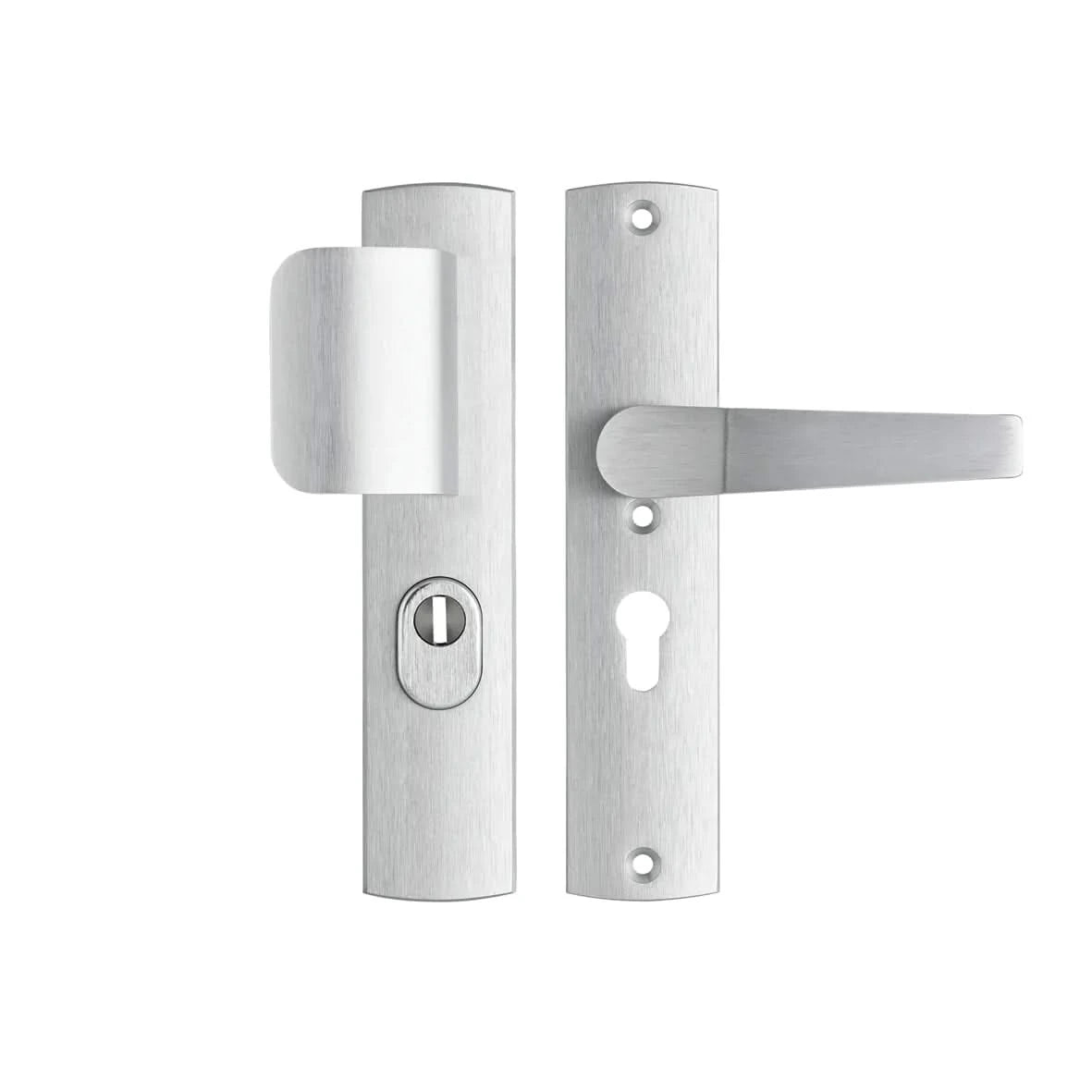 AXA Premium veiligheidsbeslag D-duwer kruk Arrow PC55 aluminium zilver vooraanzicht