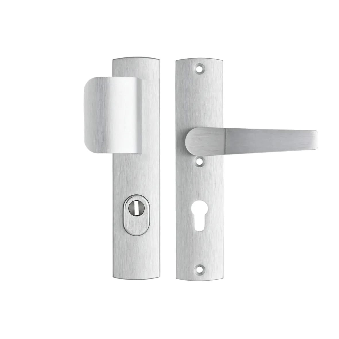 AXA Premium veiligheidsbeslag D-duwer kruk Arrow PC72 aluminium zilver vooraanzicht