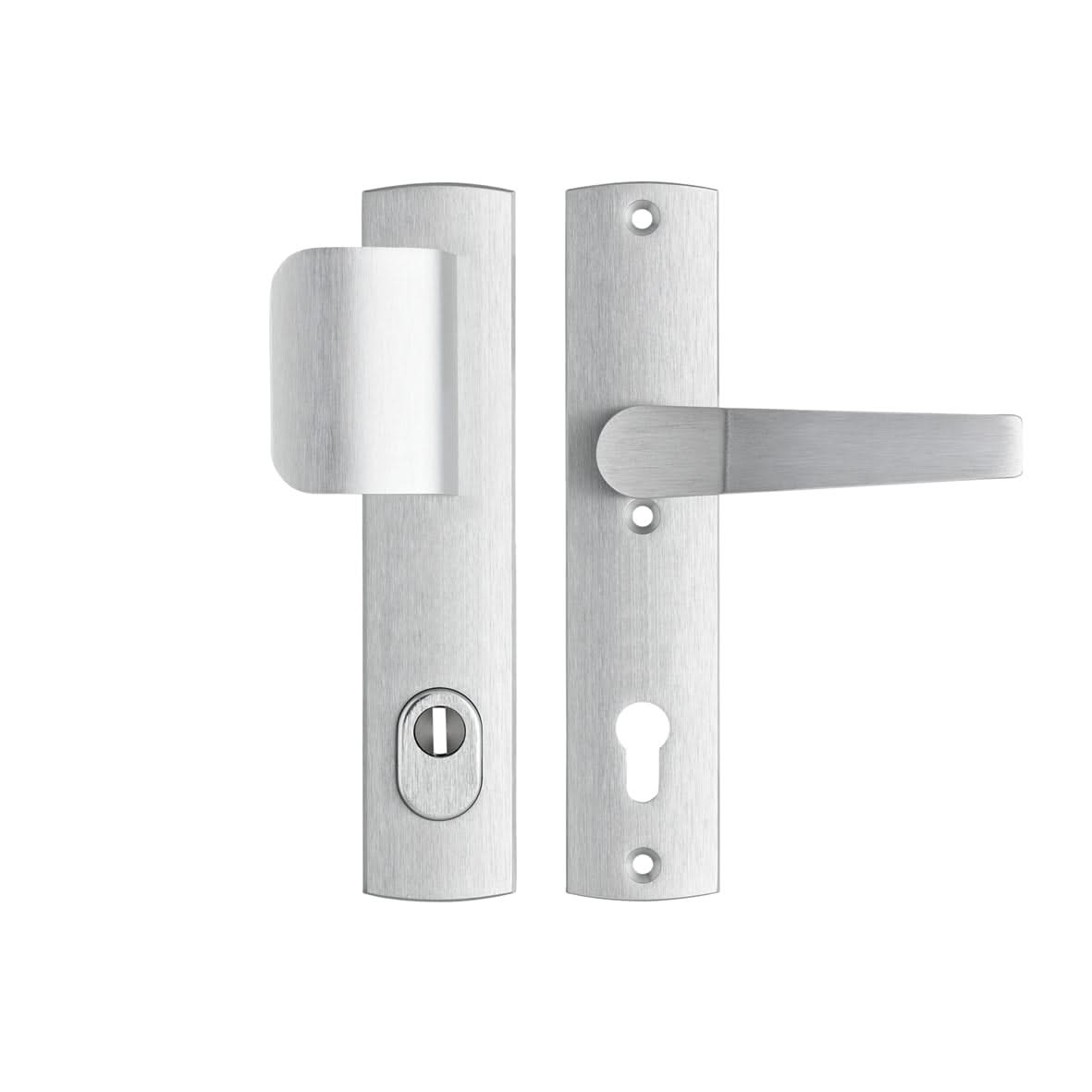 AXA Premium veiligheidsbeslag D-duwer kruk Arrow PC92 aluminium zilver vooraanzicht