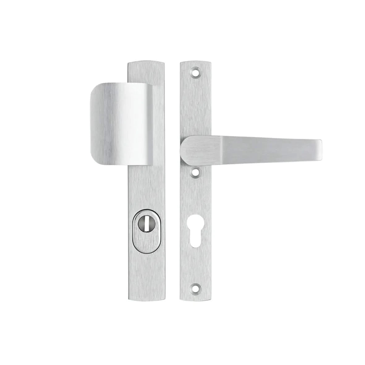 AXA Premium smal veiligheidsbeslag D-duwer kruk Arrow PC72 aluminium vooraanzicht