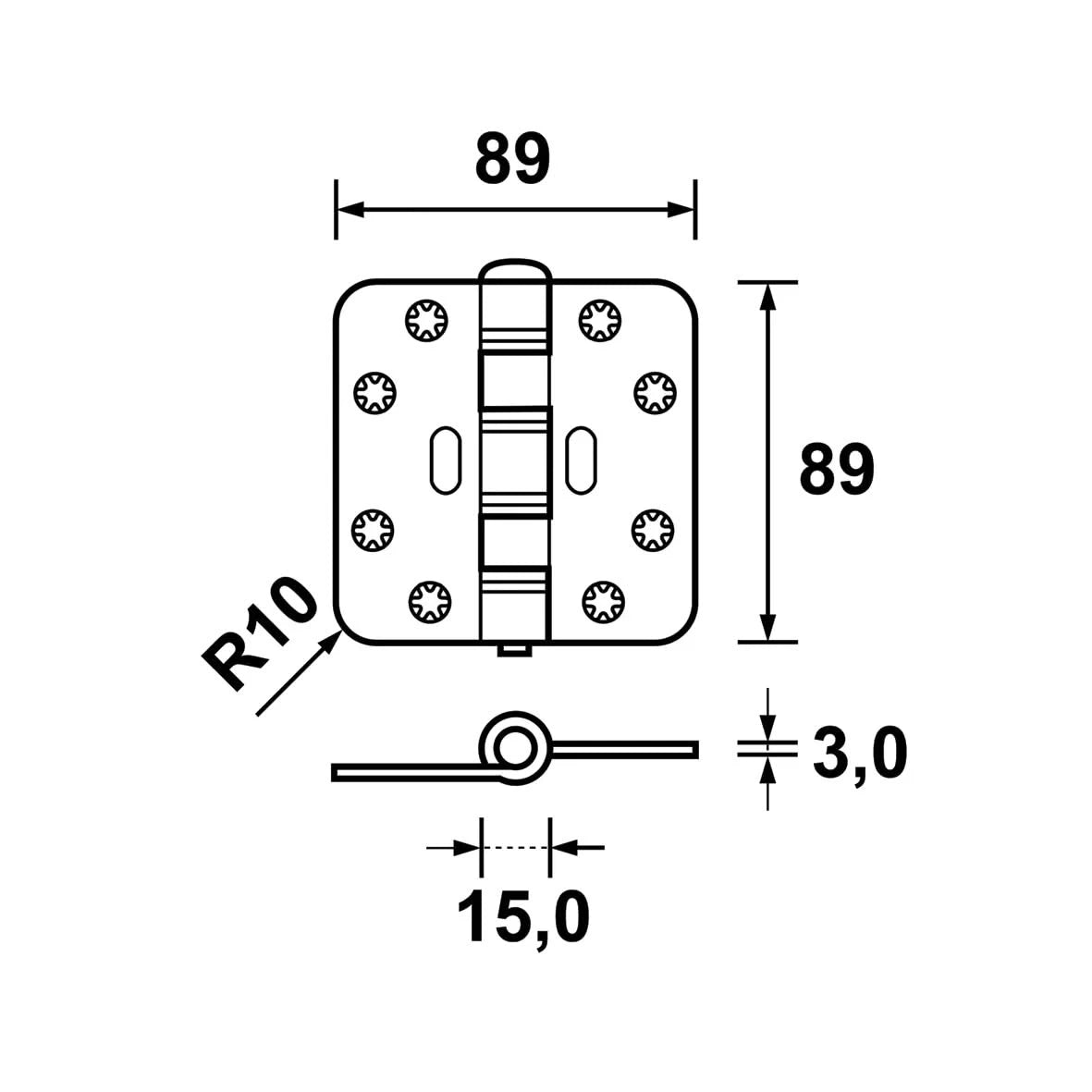 AXA Smart Easyfix scharnier 89x89x3 mm staal - lijntekening met maatvoering