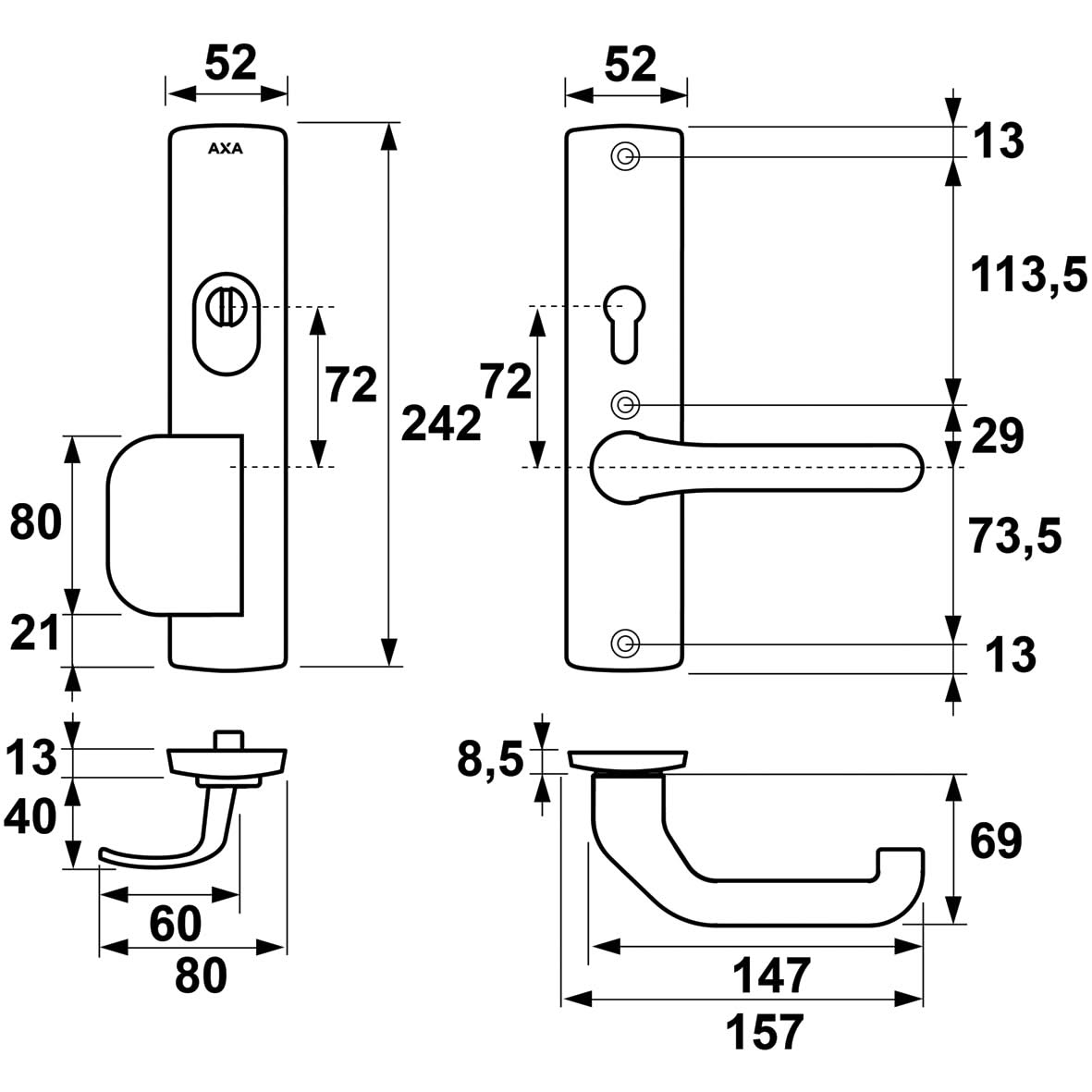 AXA Premium veiligheidsbeslag D-duwer kruk Flow PC72 aluminium detail