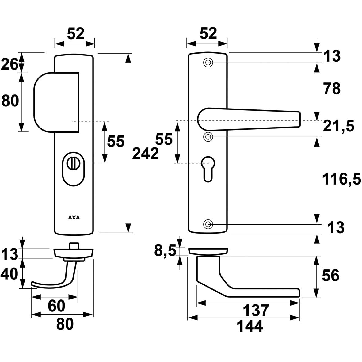 AXA Premium veiligheidsbeslag D-duwer kruk Arrow PC55 aluminium zilver detail