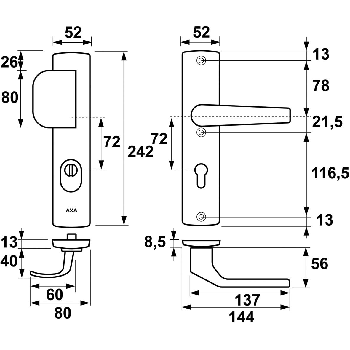 AXA Premium veiligheidsbeslag D-duwer kruk Arrow PC72 aluminium zilver detail