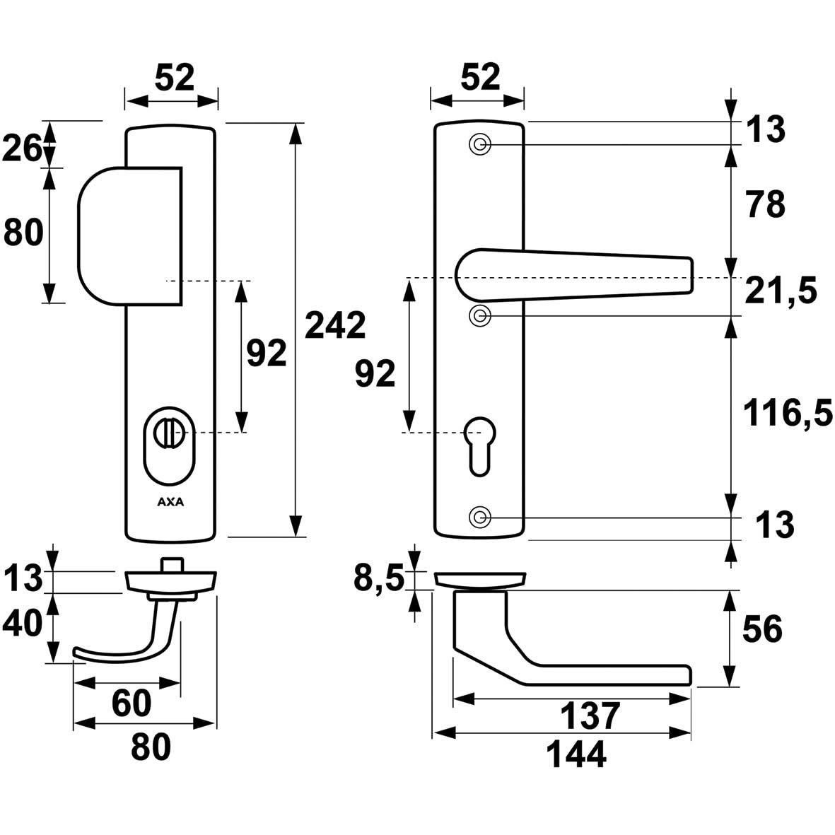 AXA Premium veiligheidsbeslag D-duwer kruk Arrow PC92 aluminium zilver detail