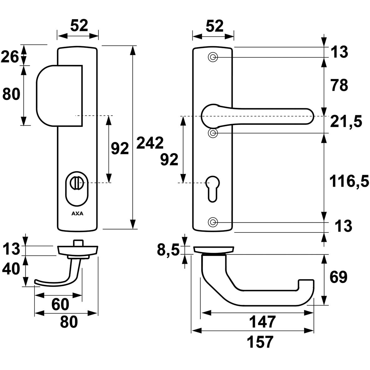 AXA Premium veiligheidsbeslag D-duwer kruk Flow PC92 aluminium zilver detail