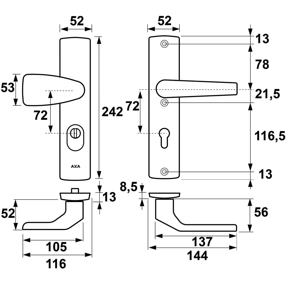 AXA Premium veiligheidsbeslag Wing-knop kruk Arrow PC72 aluminium detail