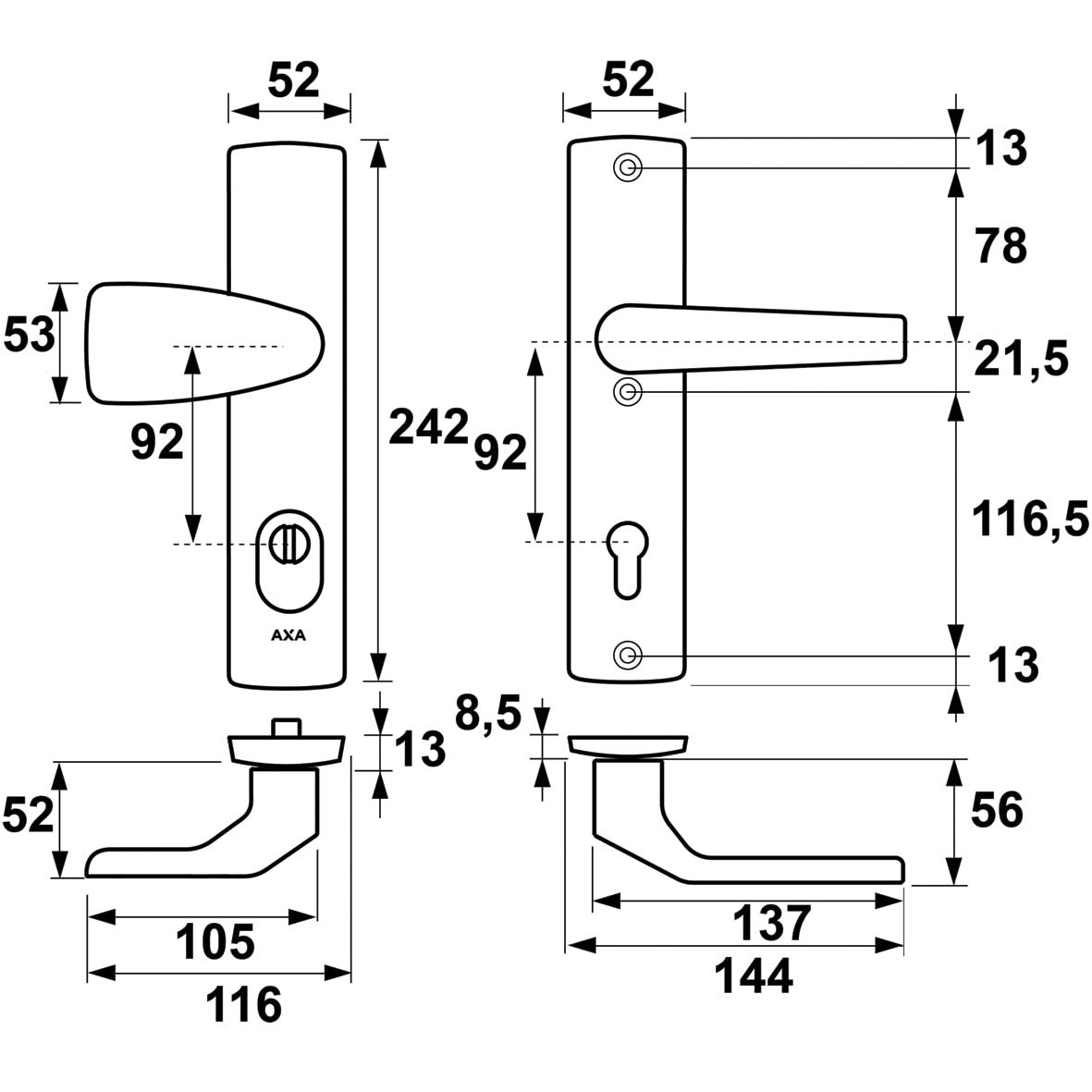 AXA Premium veiligheidsbeslag Wing-knop kruk Arrow PC92 aluminium detail