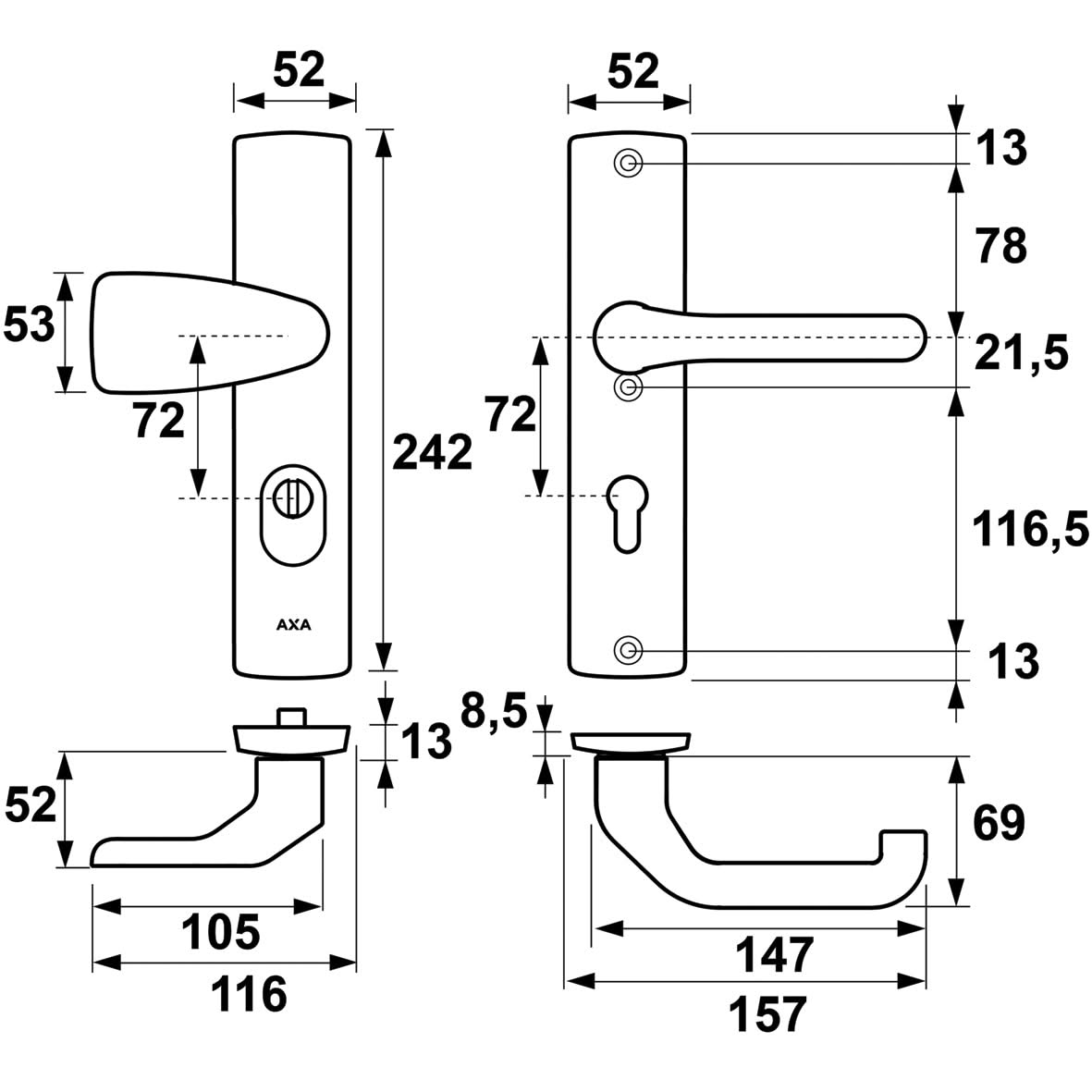 AXA Premium veiligheidsbeslag Wing-knop kruk Flow PC72 aluminium detail