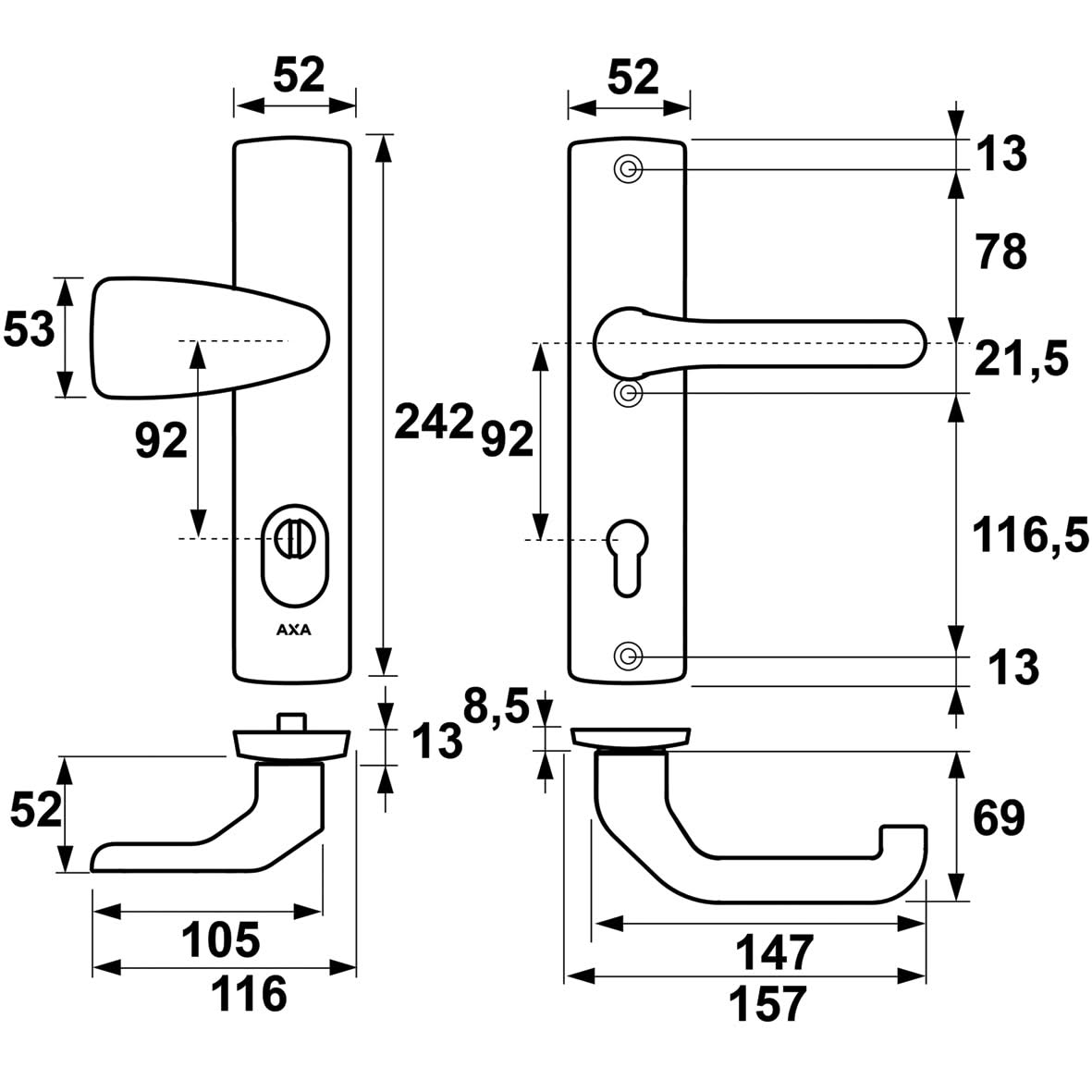 AXA Premium veiligheidsbeslag Wing-knop kruk Flow PC92 aluminium detail
