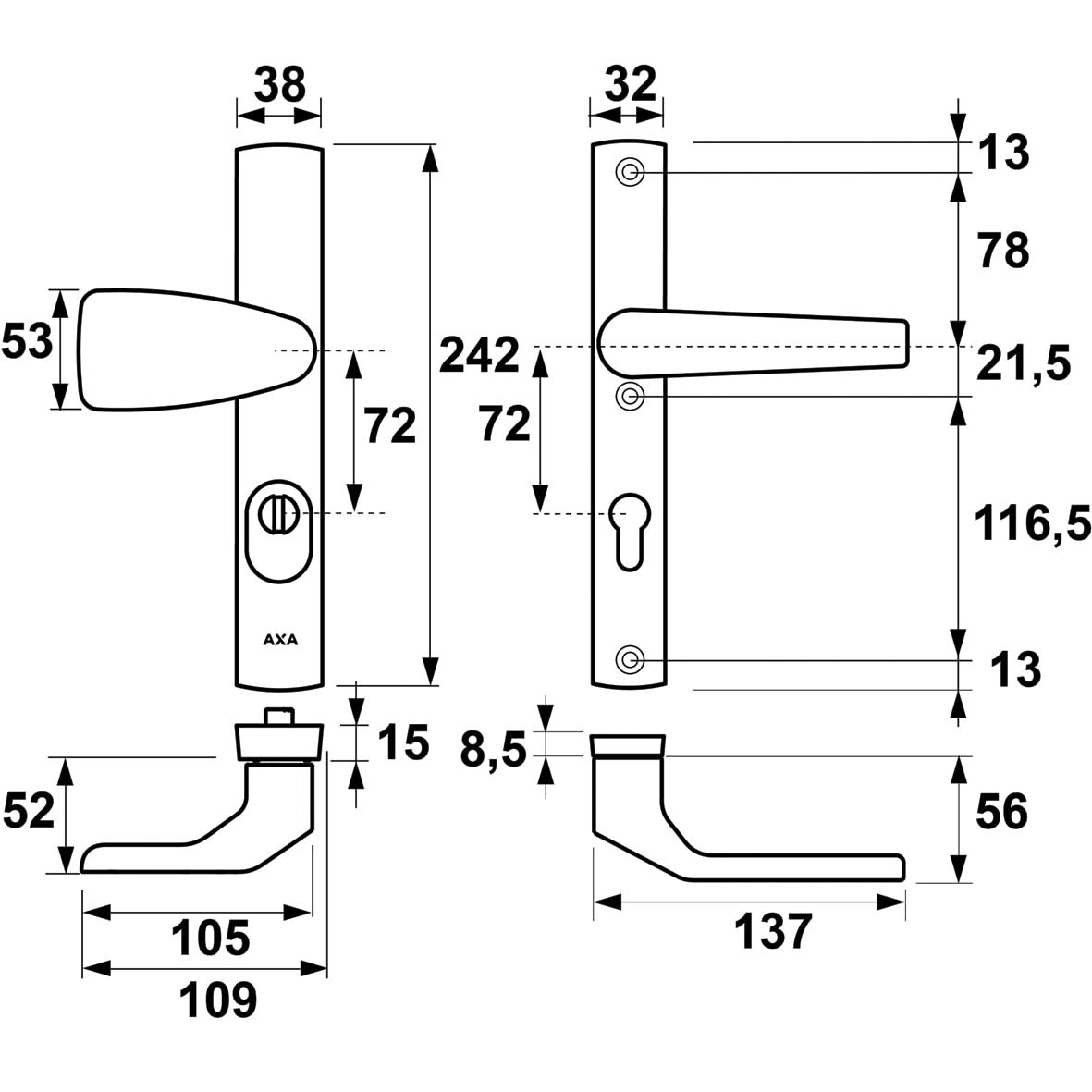 AXA Veiligheidsbeslag Premium smal Wing-knop PC72 aluminium detailweergave
