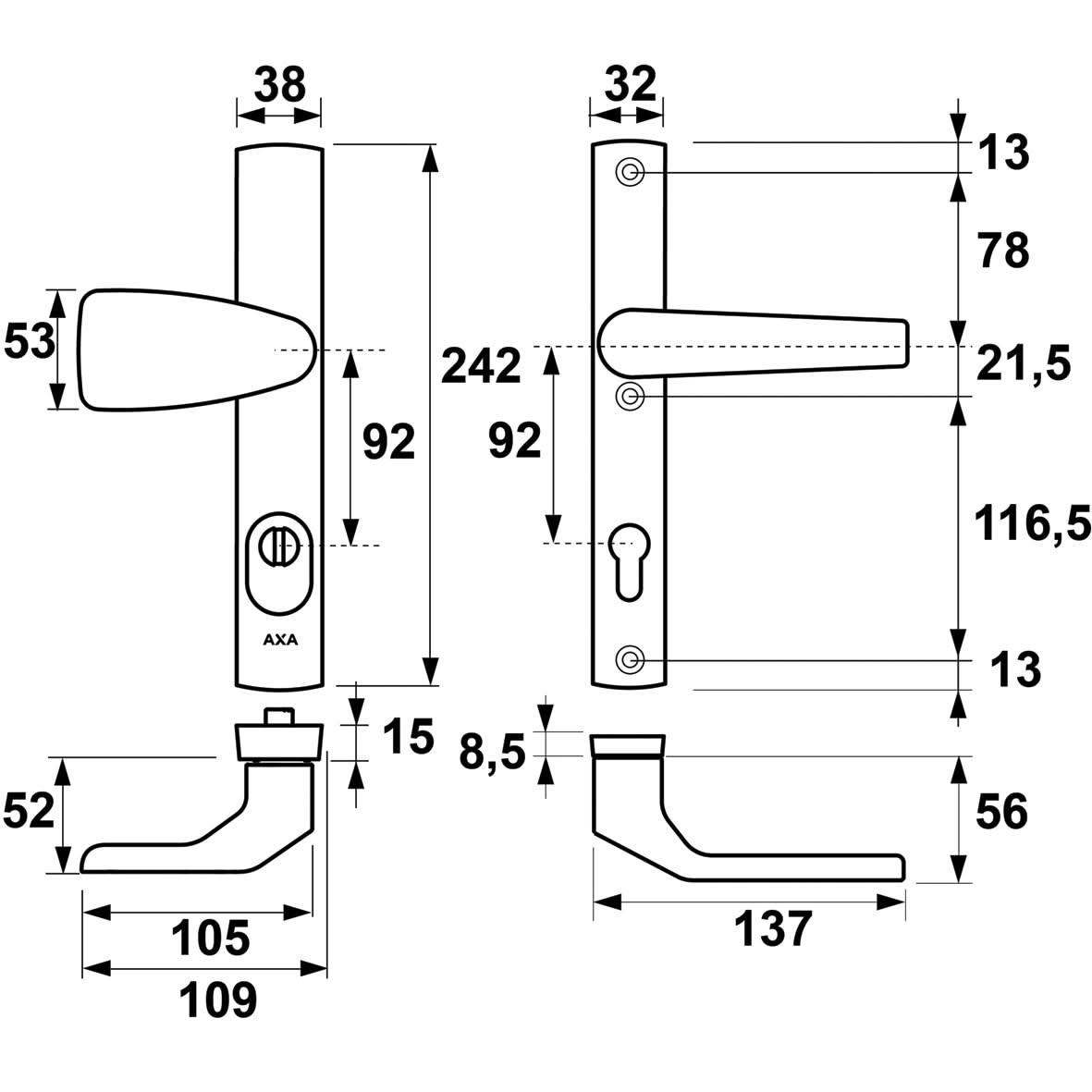 AXA Veiligheidsbeslag Premium smal Wing-knop PC92 aluminium detailweergave