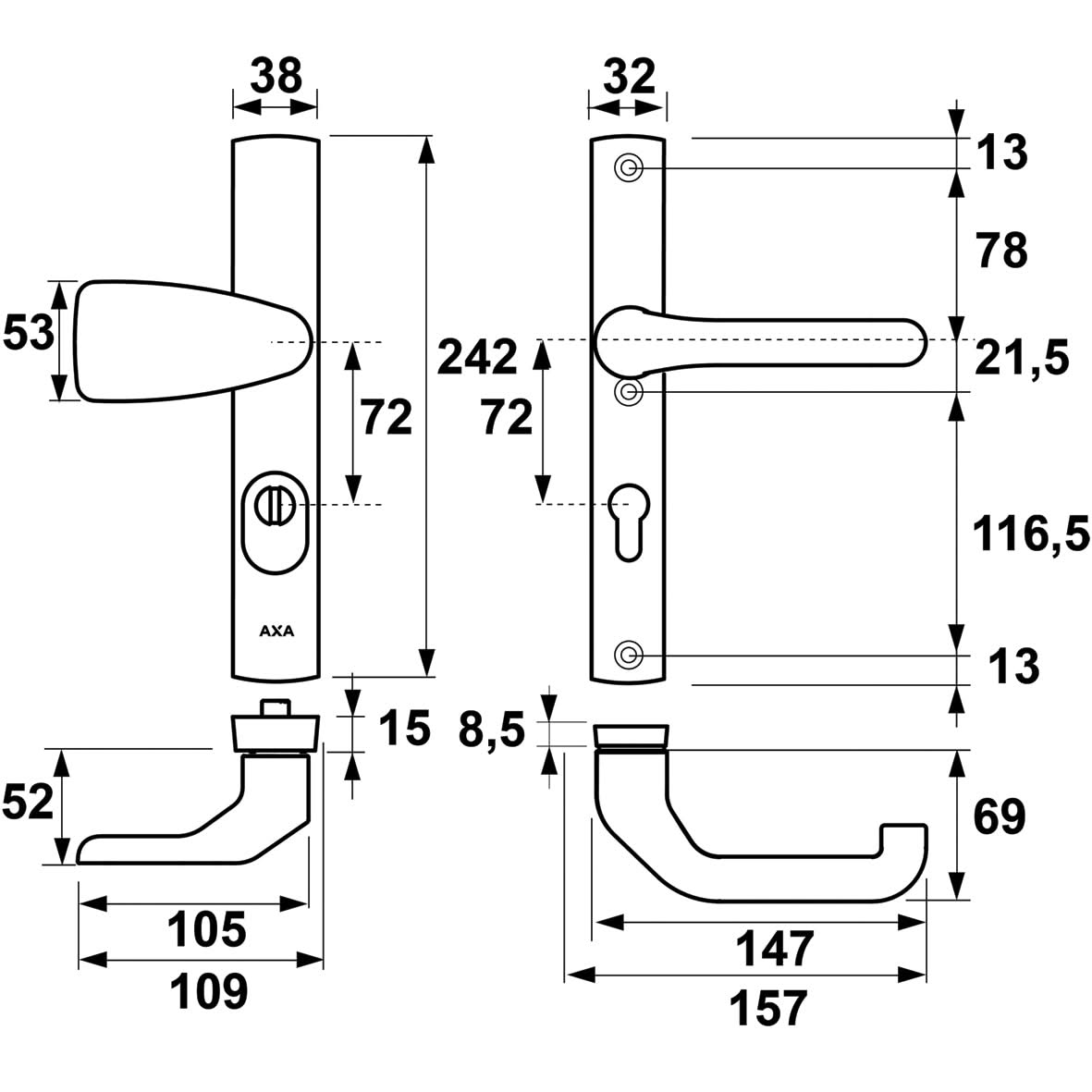 AXA Veiligheidsbeslag Premium smal Wing-knop Flow PC72 aluminium detailweergave