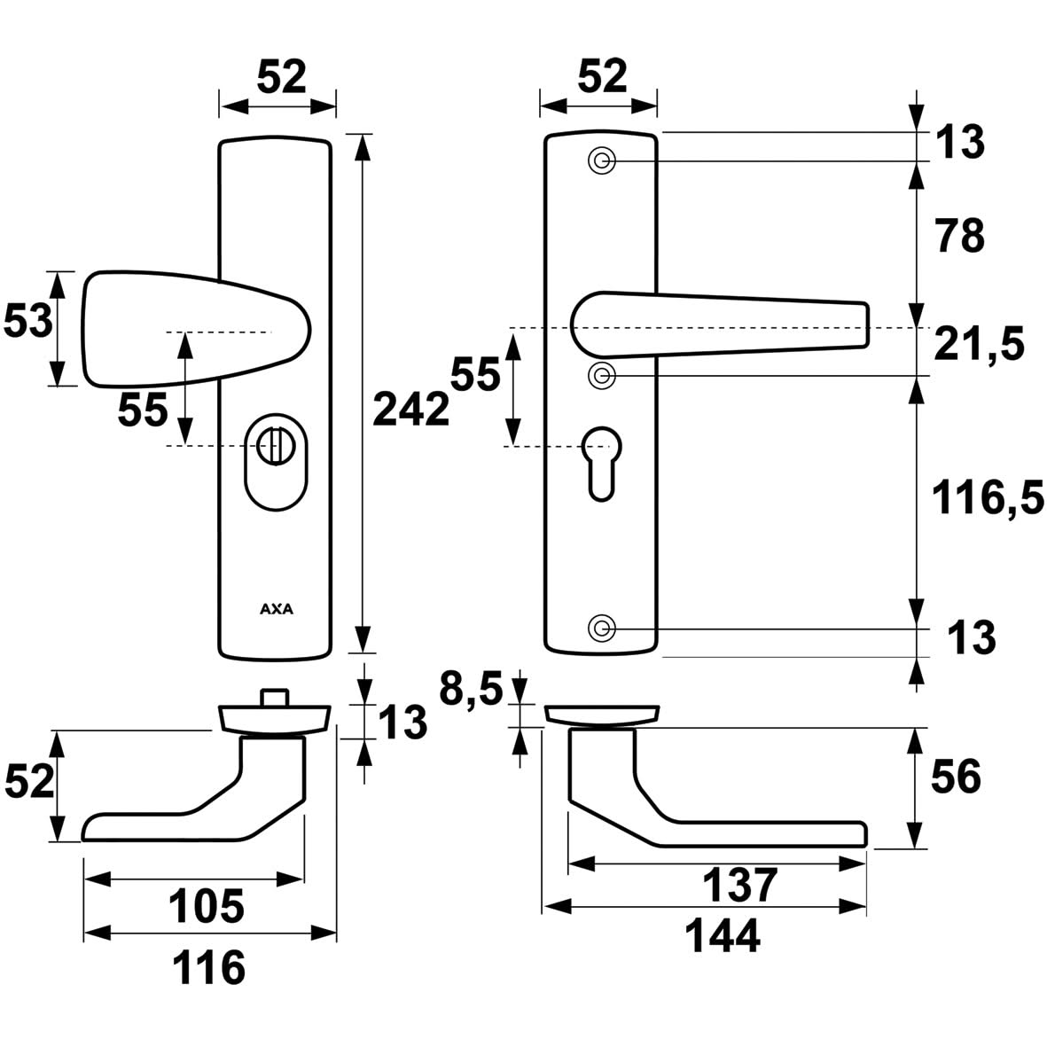 AXA Premium veiligheidsbeslag Wing-knop kruk Arrow PC55 aluminium detail