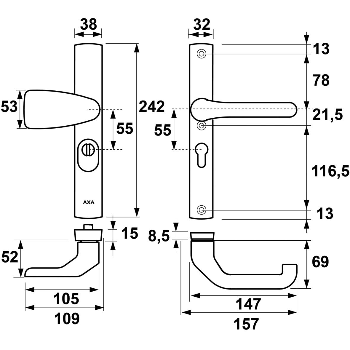 AXA Veiligheidsbeslag Premium smal Wing-knop Flow PC72 aluminium detailweergave