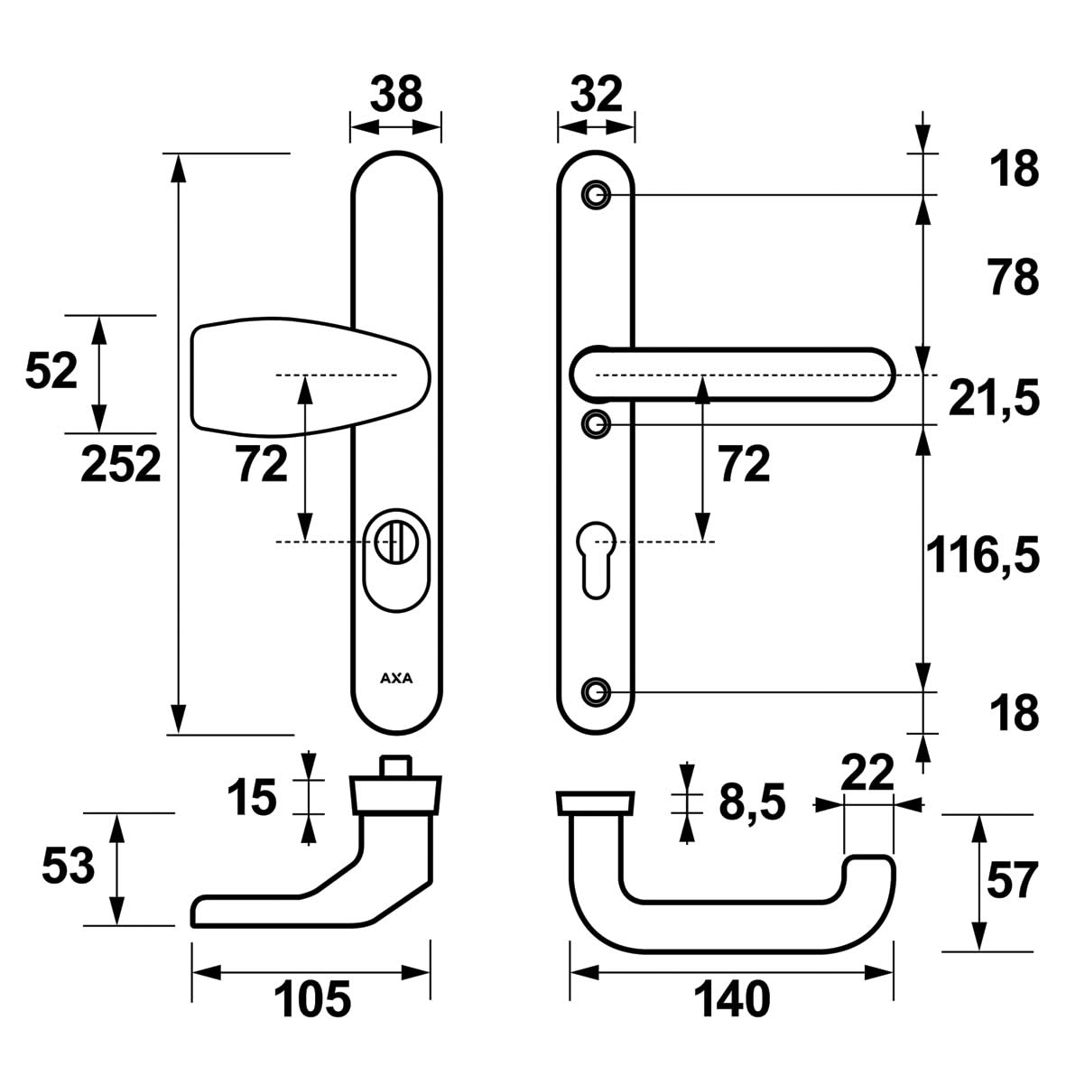AXA Oval Plus veiligheidsbeslag Wing-knop PC72 aluminium detail