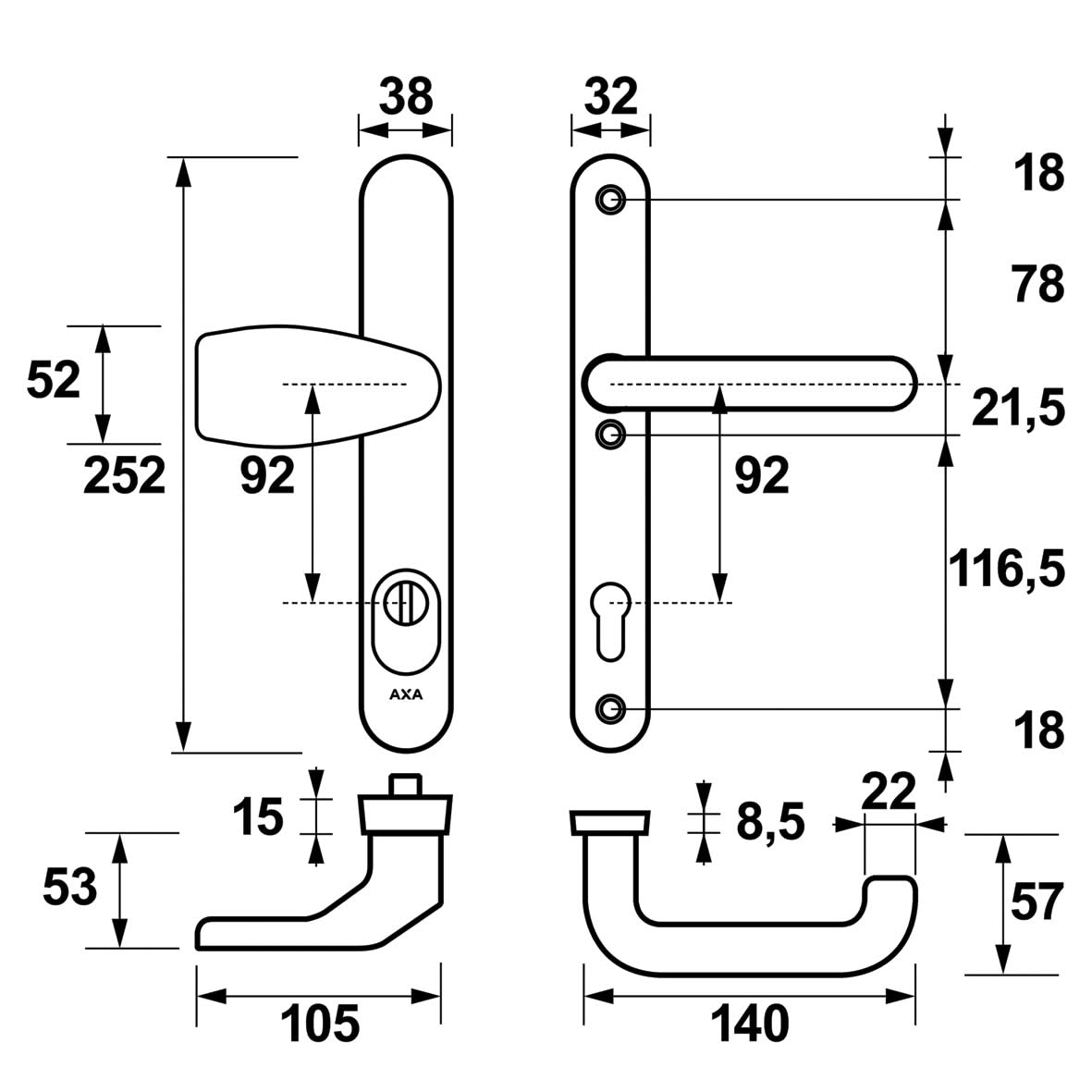 AXA Oval Plus veiligheidsbeslag Wing-knop PC92 aluminium detail