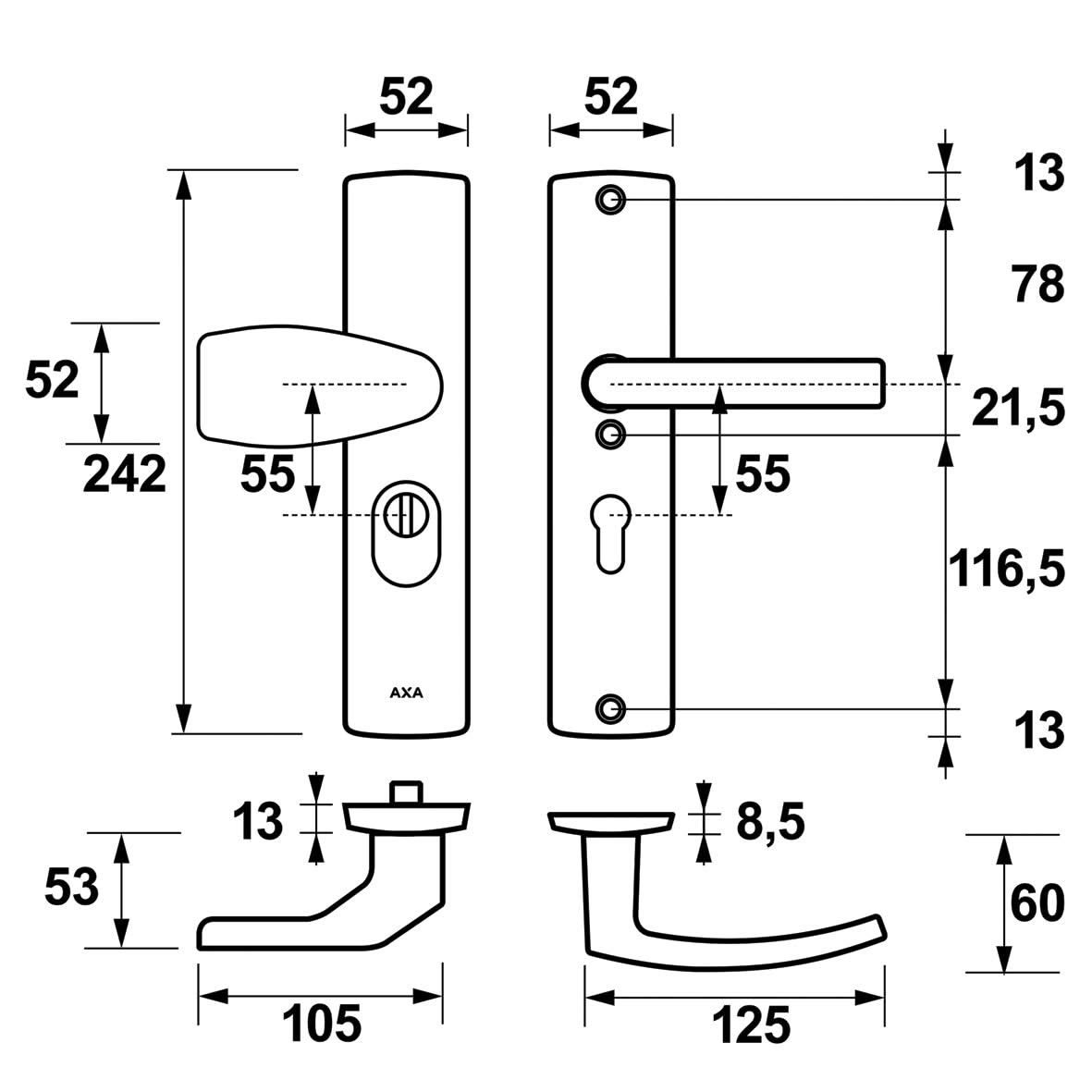 AXA Curve Plus Wing-knop PC55 aluminium detail