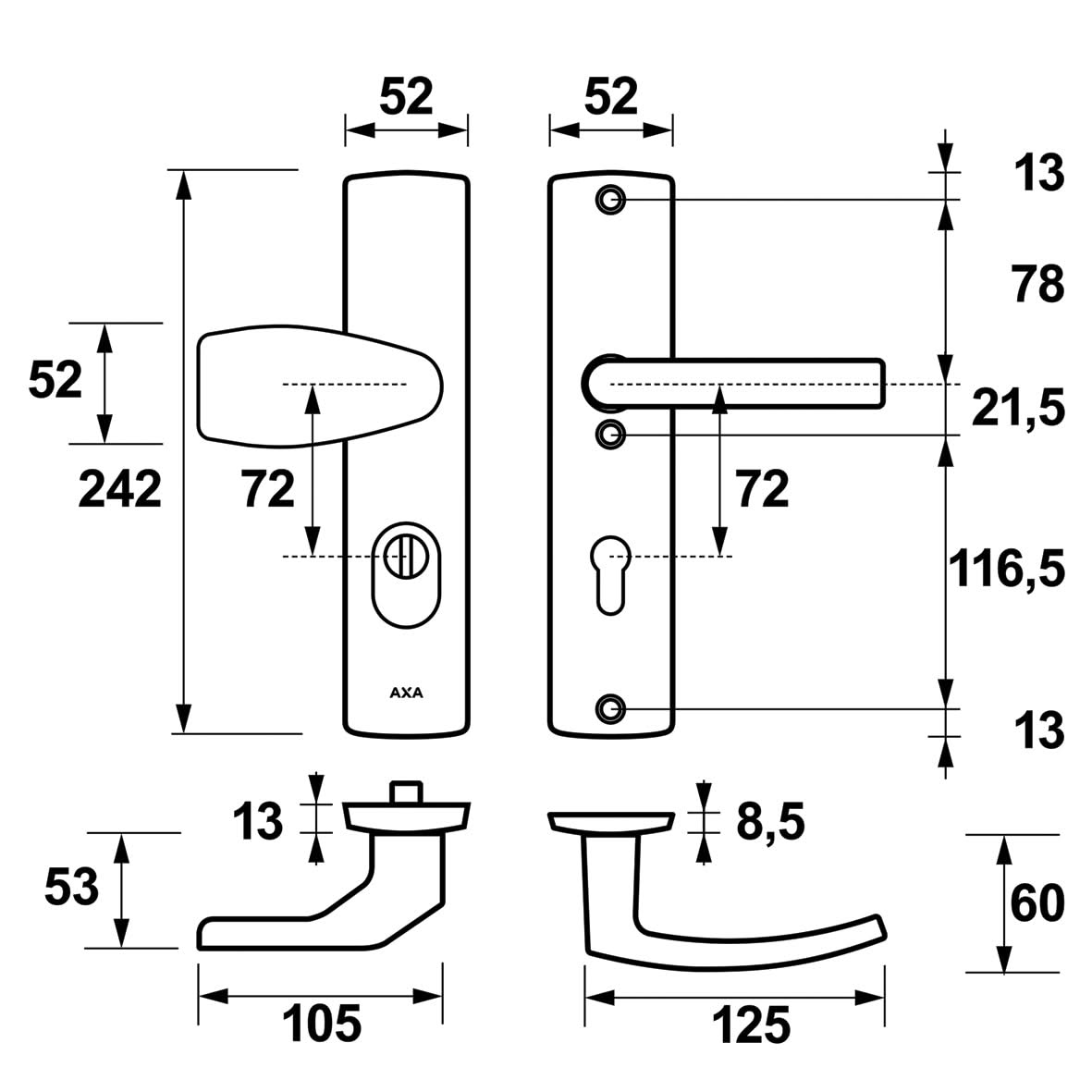 AXA Curve Plus Wing-knop PC72 aluminium detail