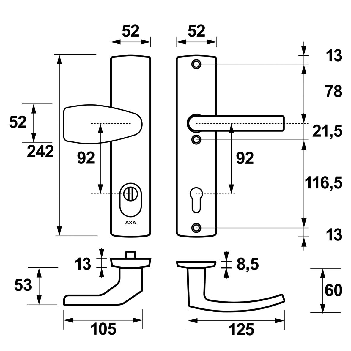 AXA Curve Plus Wing-knop PC92 aluminium detail