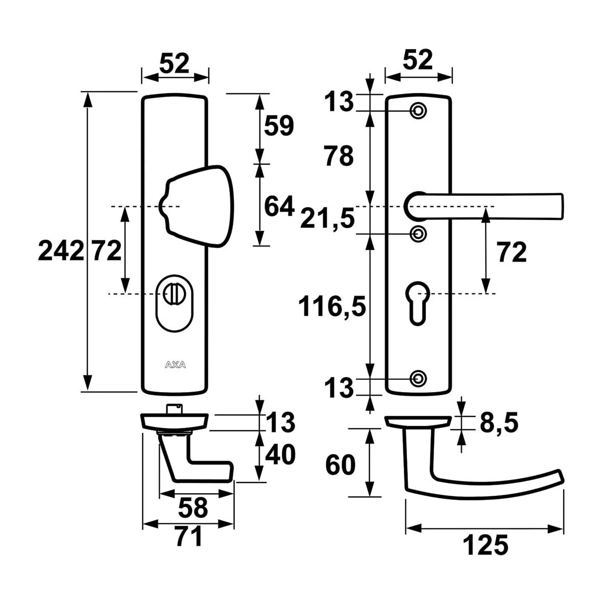 AXA Curve Plus S veiligheidsbeslag knop+kruk (omkeerbaar) PC72 aluminium zilver – detailfoto
