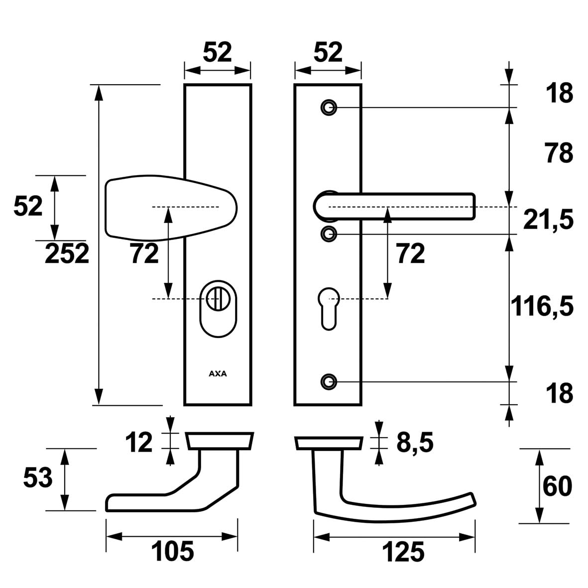 AXA Edge Plus veiligheidsbeslag Wing knop + kruk PC72 Aluminium F1 geslepen (zilver) - detail