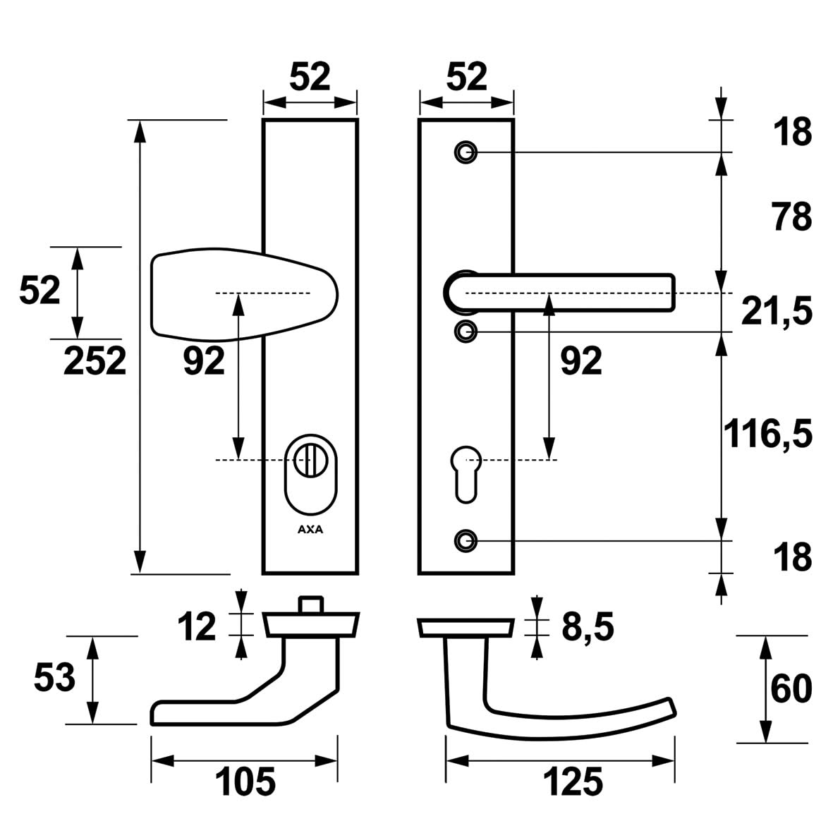 AXA Edge Plus veiligheidsbeslag Wing-knop en kruk PC92 detail